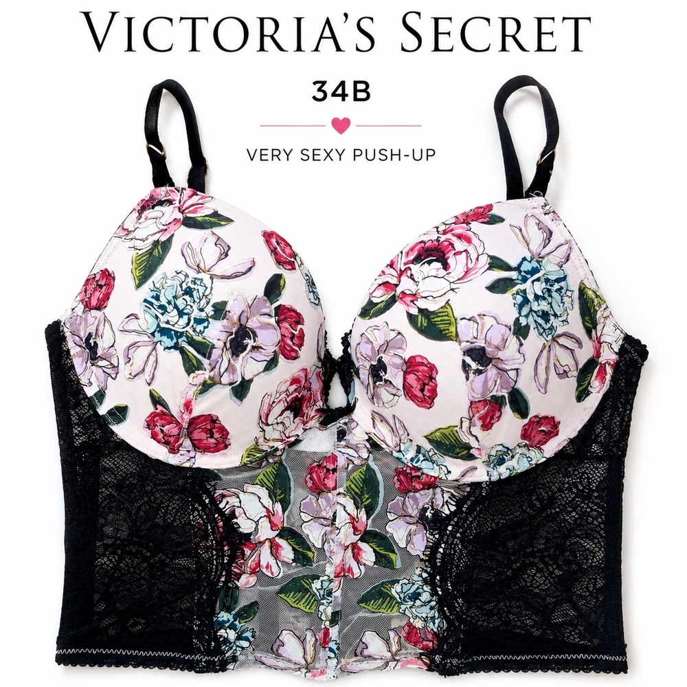 Victoria's Secret Longline Bustier Corset Bra Women 34B Pink Floral Lace Push Up